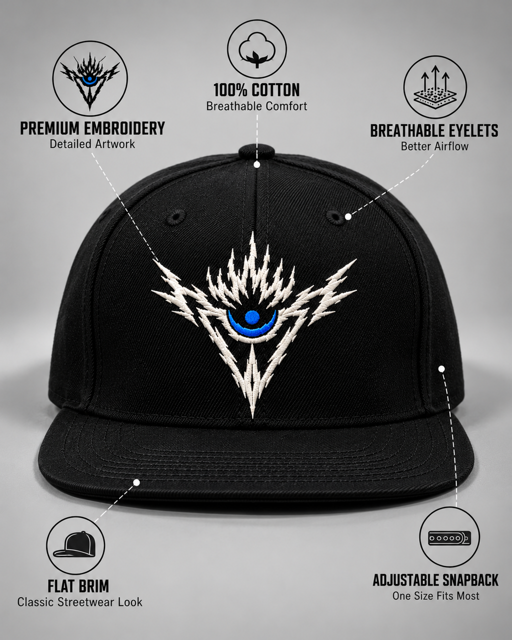 Brand of Aura Snapback Cap – Black | Embroidered